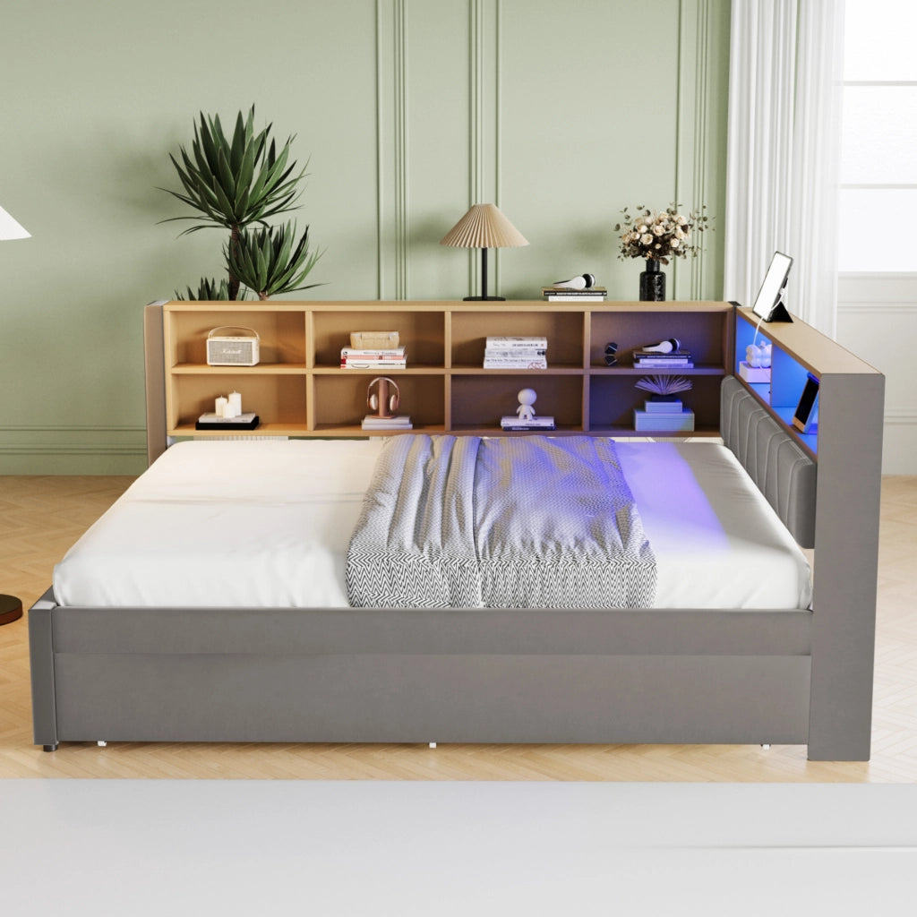 OKWISH Letto Divano 140×200 cm e 90×190 cm, Letto 2 Posti con LED, USB, Tipo C e VanI Portaoggetti, senza Materasso, in Flanella, Grigio Scuro