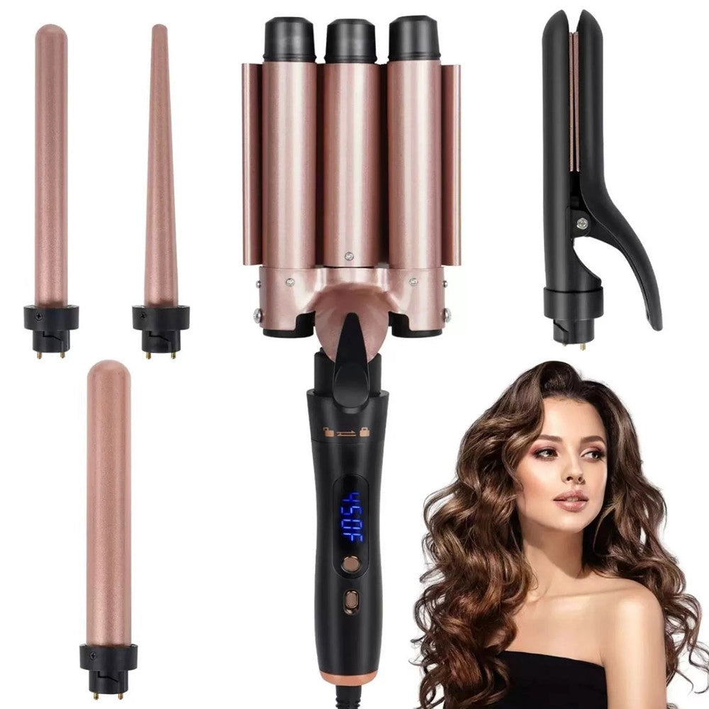 Trade Shop - Set 5in1 Piastra Capelli 3 Coni Arricciacapelli Lisci Onde Ceramica Riscaldamento Rapido -