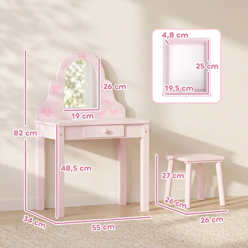 Tavolino Trucco 2 in 1 per Bambini con Specchio Rimovibile, Cassetto e Sgabello, Rosa e Bianco
