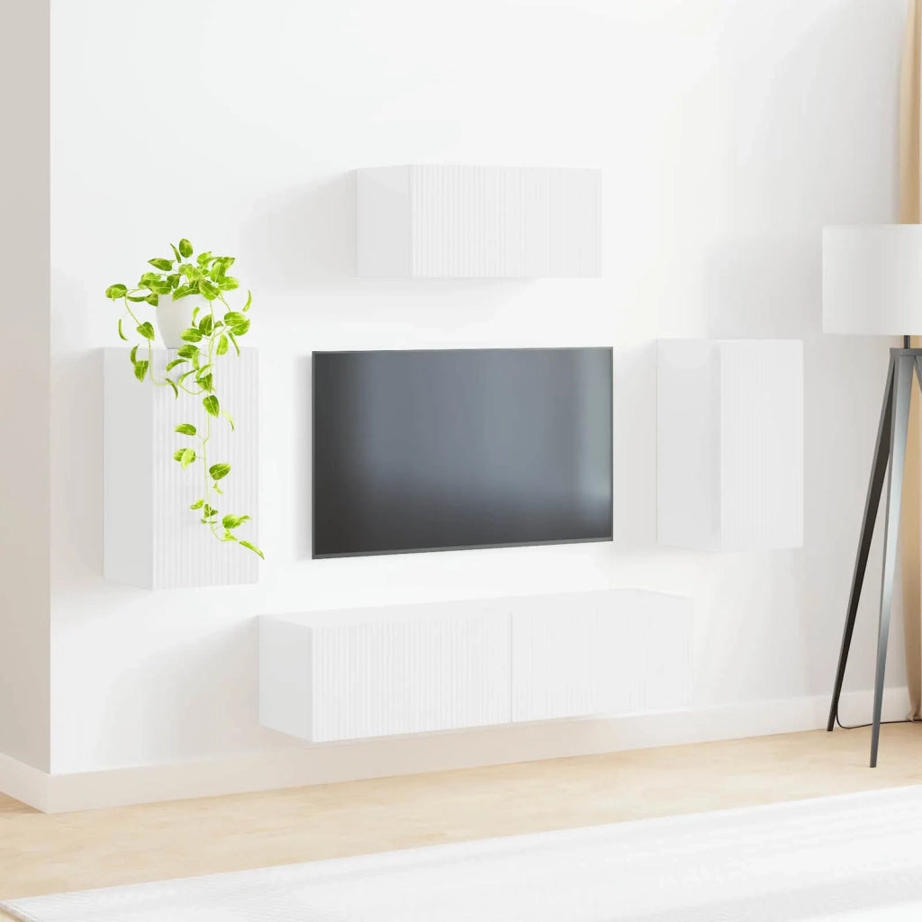 Set mobile TV 5 pz-Credenza per TV Bianco Lucido Legno multistrato 714003
