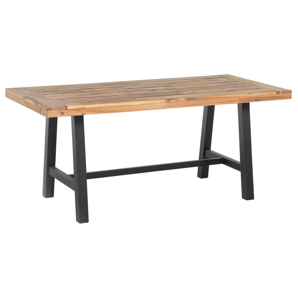 Set da pranzo da giardino Piano in legno chiaro Gambe nere da esterno 3 pezzi Tavolo rettangolare in legno di acacia 2 panche
