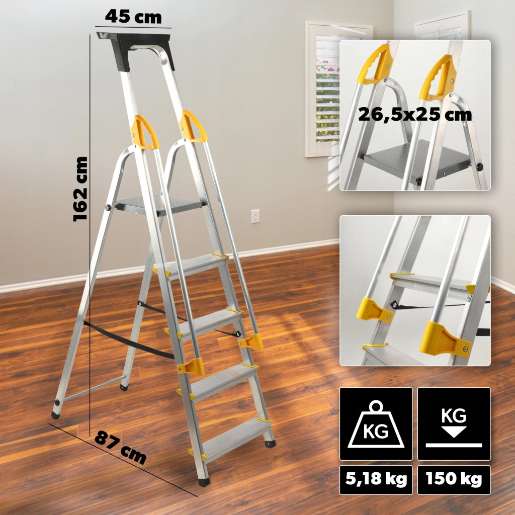 Scala domestica in alluminio KADAX a 5 gradini pieghevole con corrimano, portata massima 150 kg