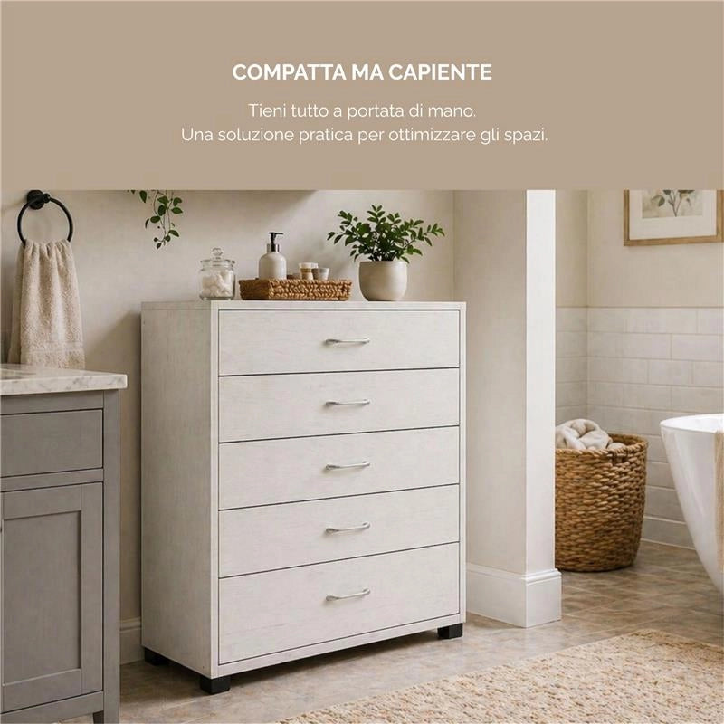 CASSETTIERA 5 CASSETTI MODERNA IN LEGNO BIANCO DIMENSIONI 50X40X101 CM