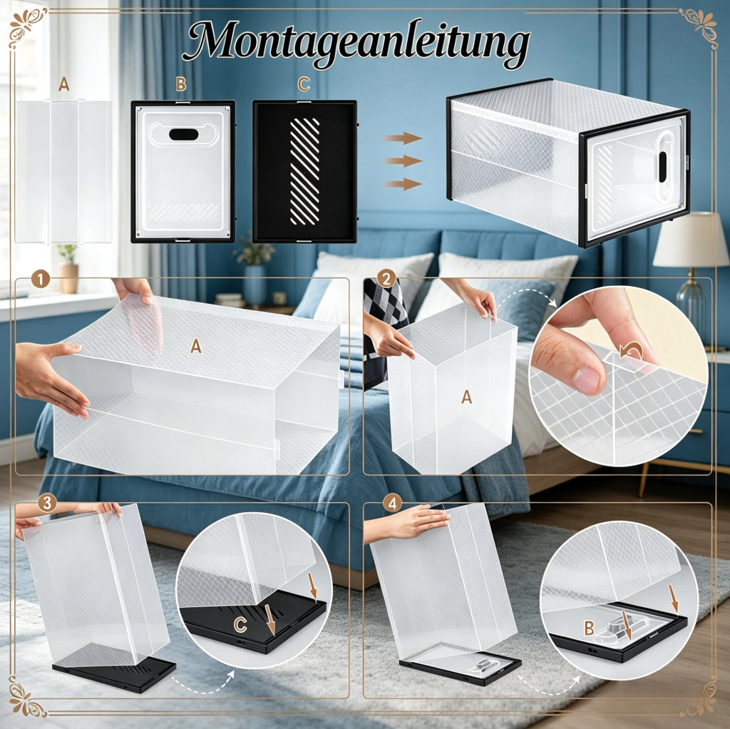 Set di 8 scatole portascarpe impilabili in plastica trasparente e nera 25x18;5x35;5 cm