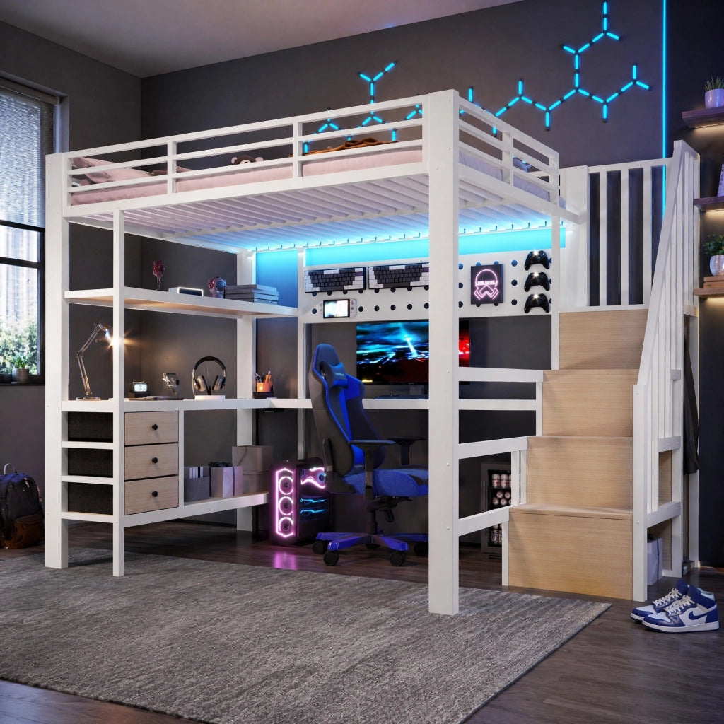 Letto a soppalco in metallo e MDF con scrivania, cassetti e LED