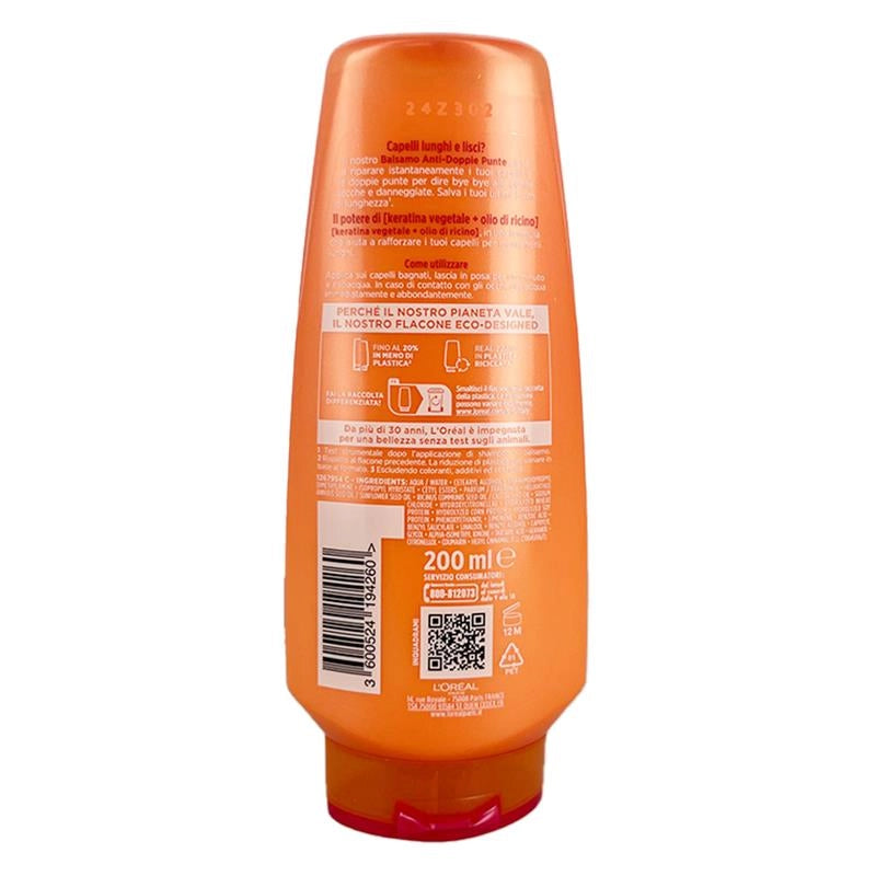 L'OREAL PARIS ELVIVE BALSAMO ANTI-DOPPIE PUNTE CON KERATINA VEGETALE + OLIO DI RICINO PER CAPELLI LUNGHI E LISCI 200 ML
