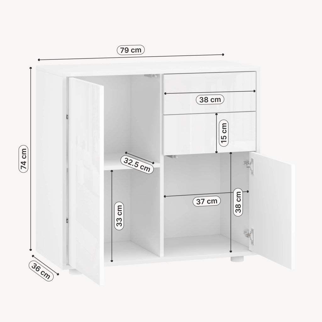 Comò Paarl con 2 Ante e 2 Cassetti 74x79x36 cm - Bianco Lucido [en.casa]