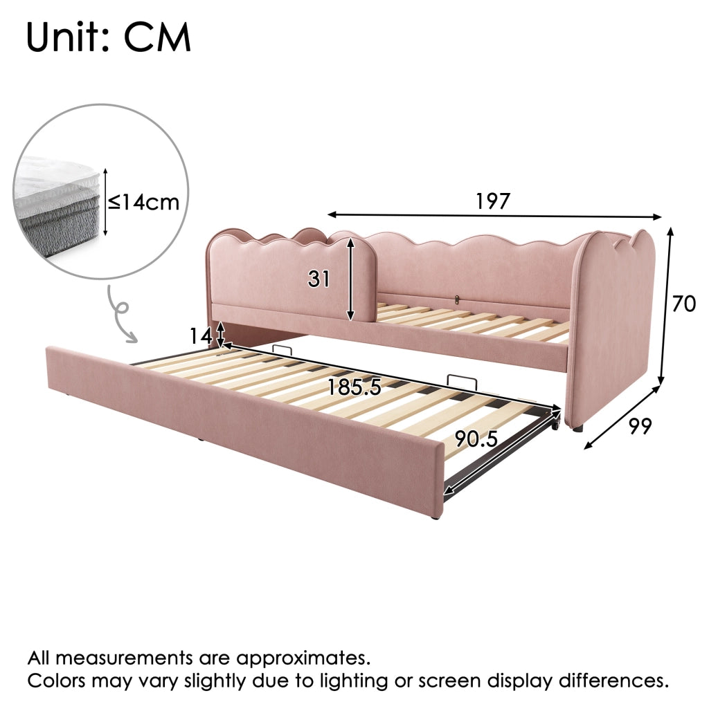 Letto daybed con letto estraibile 90x190 cm in velluto rosa; forma a nuvola