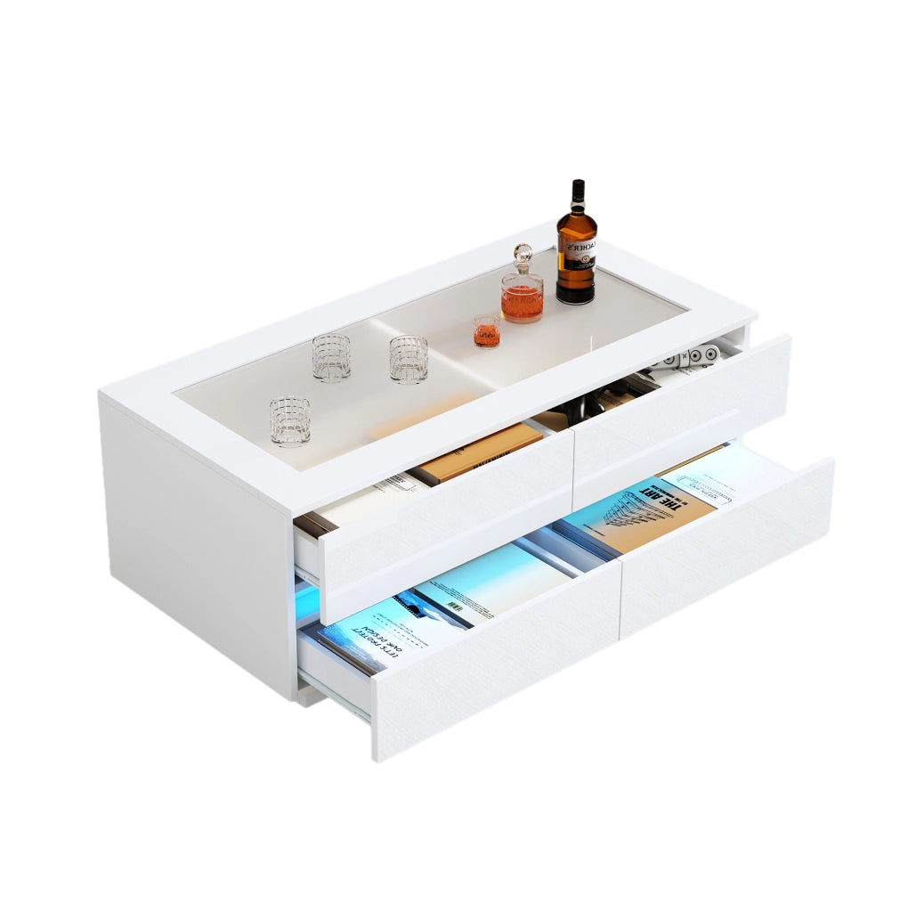 Tavolino da caffè 100x50x40 cm con 4 cassetti; LED; piano in vetro temperato; truciolare bianco