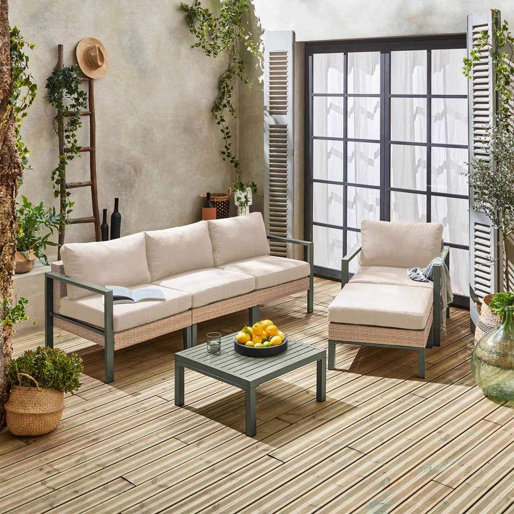 Salotto da giardino in alluminio e resina, 5 posti, verde kaki