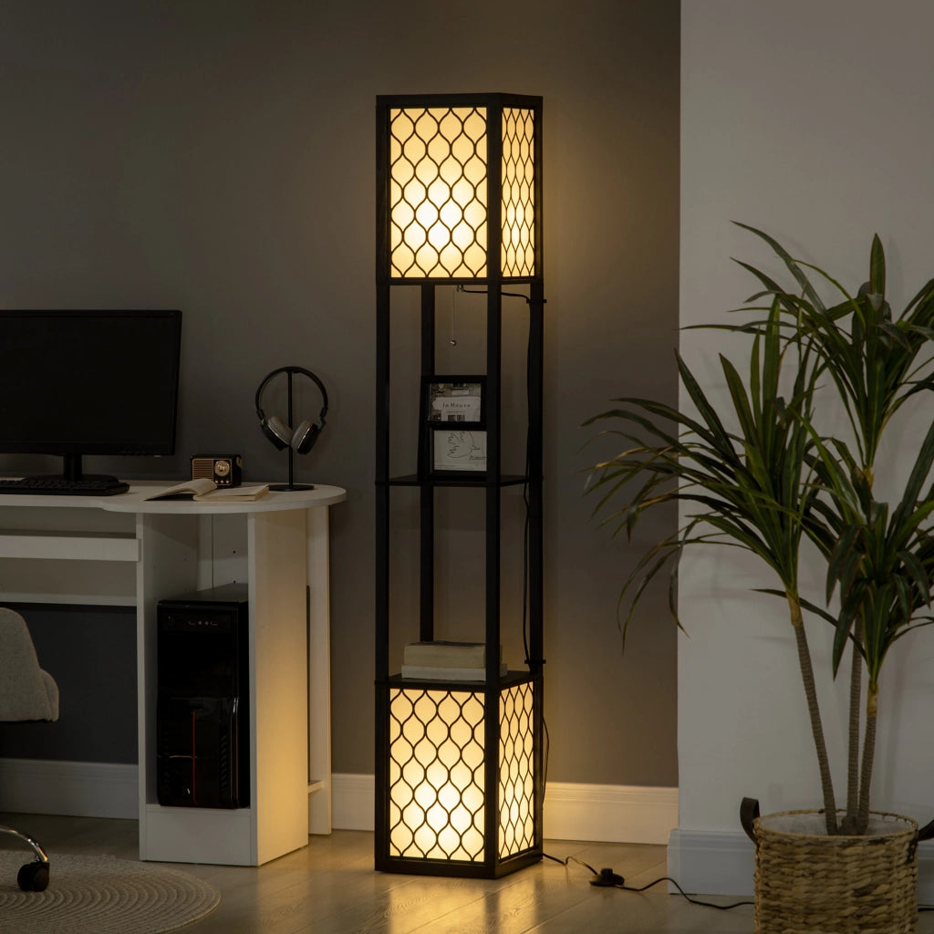 Lampada a piantana scaffale 2 luci 4 ripiani ¨C zephmum ¨C MDF nero 26x26x156 cm