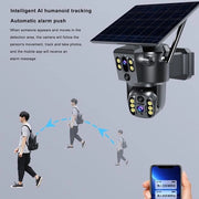 Camera di sicurezza esterna 4K 8MP con doppia lente e monitoraggio in tempo reale, intercom a due vie, rilevamento umanoide, visione notturna a colori, IP55 impermeabile.