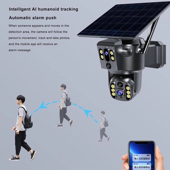 Camera di sicurezza esterna 4K 8MP con doppia lente e monitoraggio in tempo reale, intercom a due vie, rilevamento umanoide, visione notturna a colori, IP55 impermeabile.