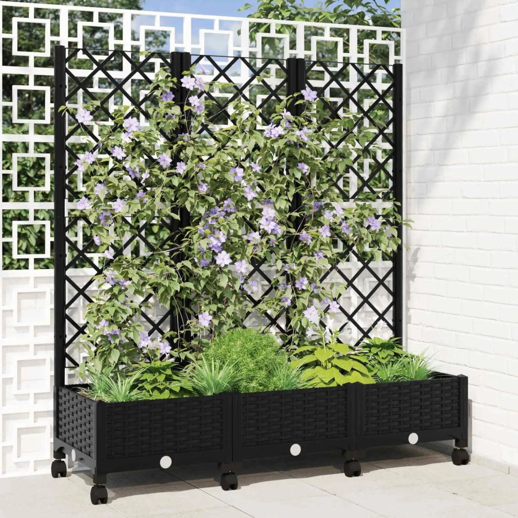 Vaso da giardino con grigliato e ruote Nero 120 x 40 x 131,5 cm 3423052