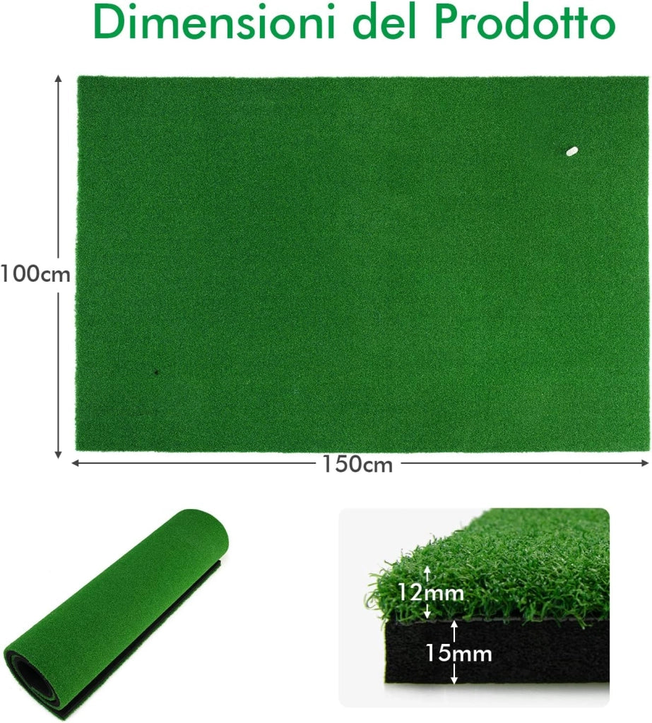 Tappetino da Golf Pratica 150 x 100 x 2,7 CM, Tappetino per Allenamento Golf con Erba Sintetica e 2 Fori, 3 Tee, Putting Mat Green per Uso Interno ed Esterno