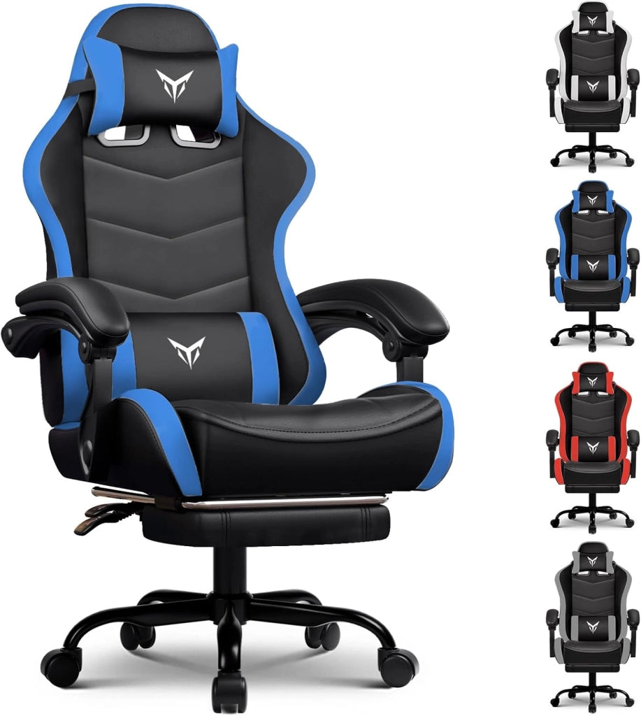 Sedia da Gaming Ufficio Ergonomica, Sedia da Gioco con Poggiapiedi, Poggiatesta e Supporto Lombare Regolabili, Poltrona da Gaming, Grigio