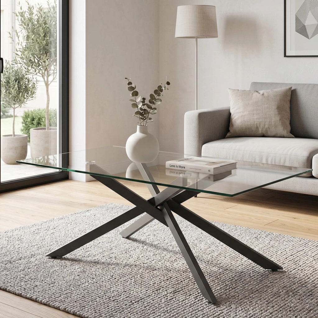 Tavolino da caffè 100x60x46 cm in vetro temperato con struttura in metallo nero