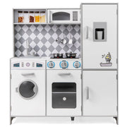 Cucina giocattolo in legno integra macchina del ghiaccio e piano cottura, Cucina giocattolo integra forno e microonde Bianco-Cucine giocattoli