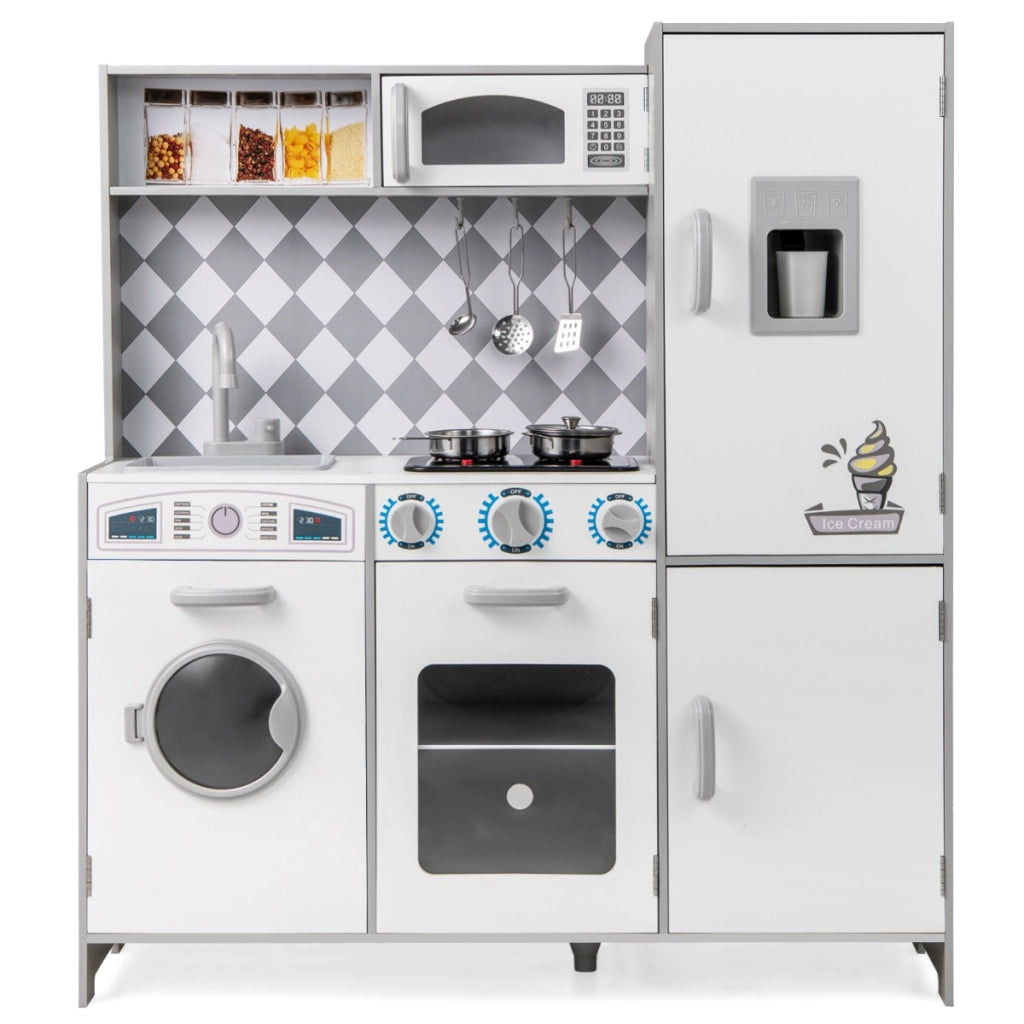 Cucina giocattolo in legno integra macchina del ghiaccio e piano cottura, Cucina giocattolo integra forno e microonde Bianco-Cucine giocattoli
