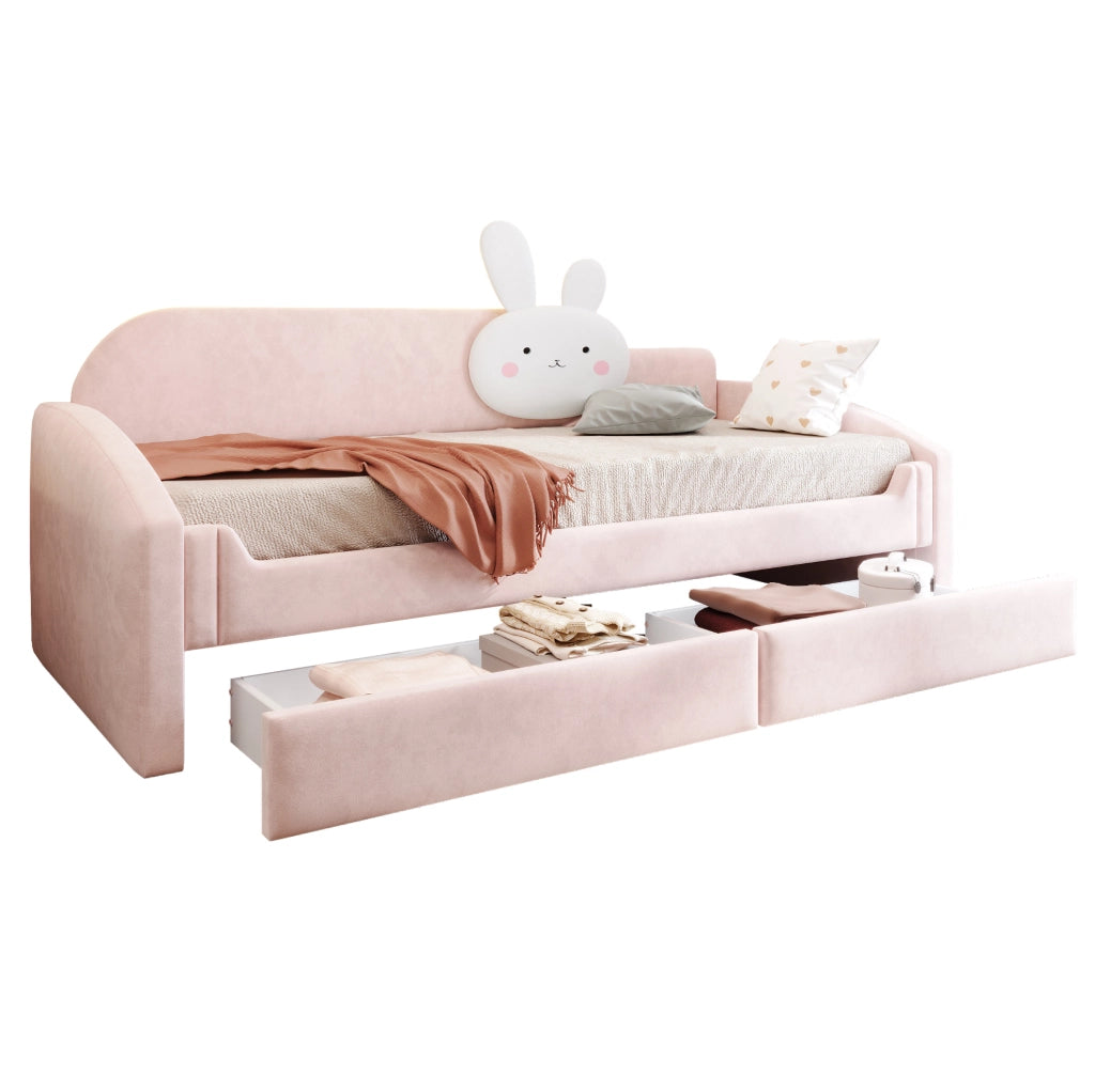 Letto imbottito 90x200 cm con LED e cassetti in velluto rosa