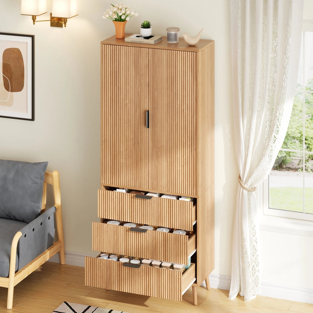 Mobile dispensa con 2 ante e 3 cassetti; 75x35x180 cm; MDF naturale