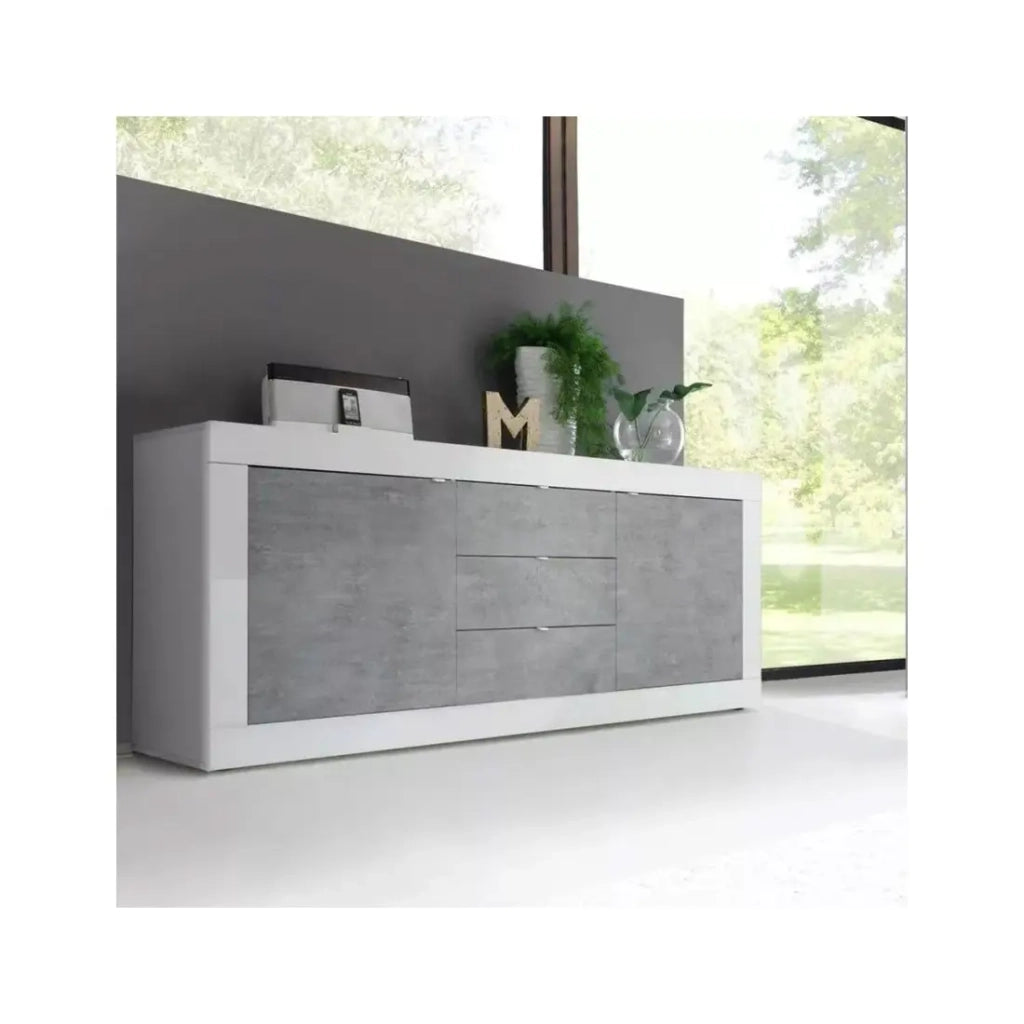 Buffet 2 porte e 3 cassetti, collezione ISORA, colore bianco e grigio effetto cemento