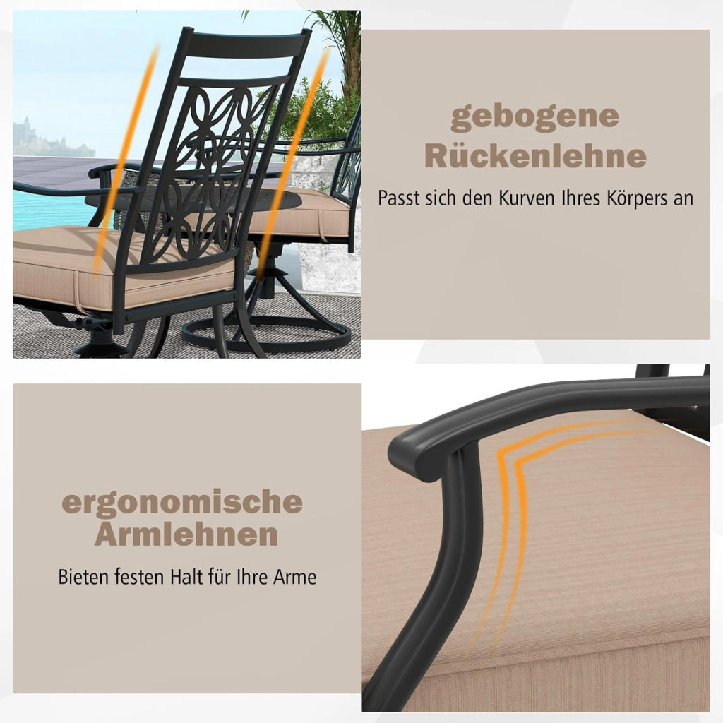 Set di 2 sedie da bistrot girevoli in metallo con braccioli curvi, telaio in metallo robusto e morbido cuscino di seduta, comode sedie da terrazza per giardino, patio, bistrot