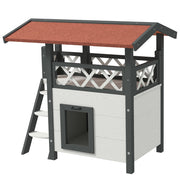Casetta per Gatti da Esterno con Terrazza e Scaletta 77x50x73 cm in Legno Bianco e Grigio