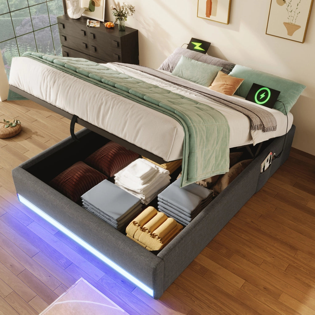 Letto imbottito 90x200 cm grigio con LED, ricarica USB/Type-C e vano contenitore