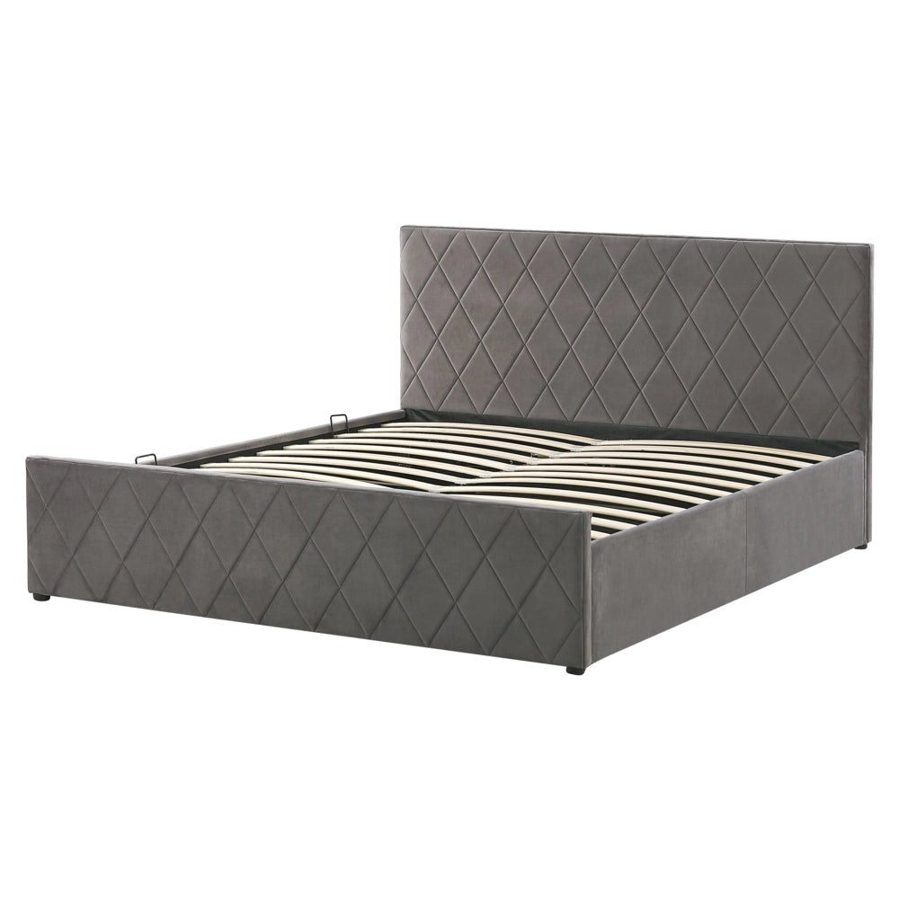 Letto contenitore Rivestimento in velluto grigio 160 x 200 cm con testiera trapuntata a diamante con base a doghe