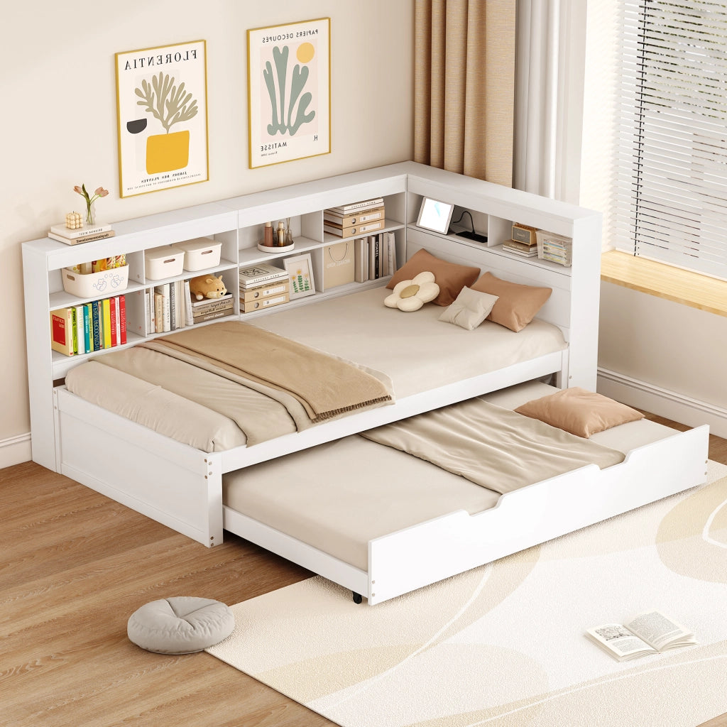 Letto multifunzione in legno 90x200 cm con letto estraibile, USB e vani contenitivi