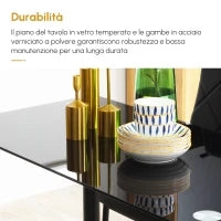 Set Tavolo da Pranzo con 4 Sedie, Piano in Vetro e Sedie Imbottite in Finta Pelle, Nero