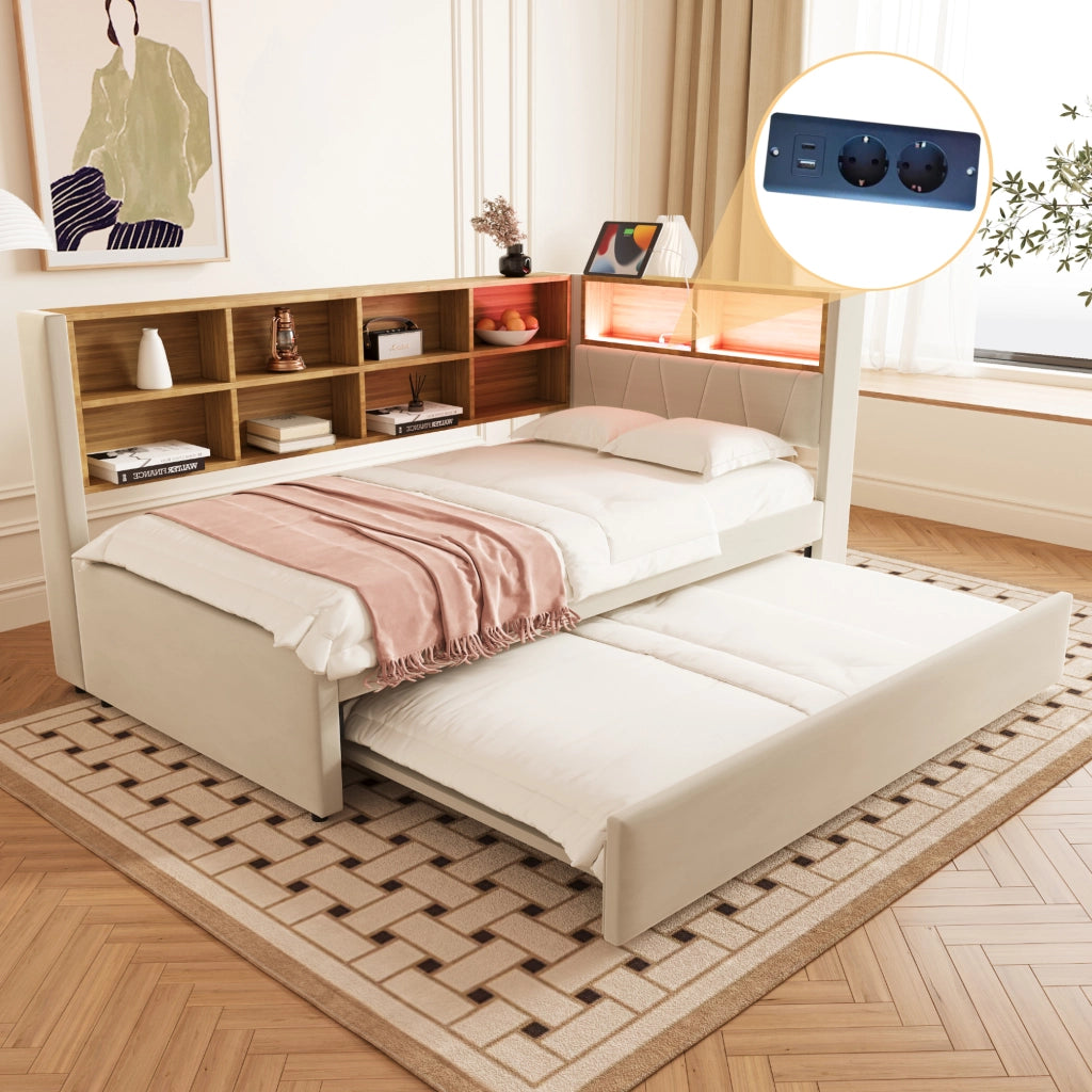 OKWISH Letto a Divano 90×200 cm, Letto Singolo con Letto Estraibile 90×190 cm, LED, USB, Tipo C e Prese, senza Materasso, Beige