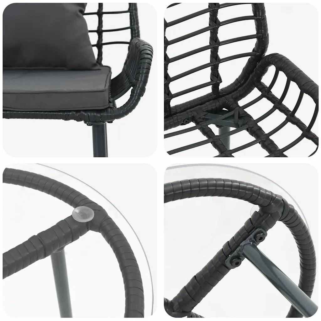 Set da Pranzo per Giardino 3 pz | Set Salotto da Giardino Nero e antracite polyrattan