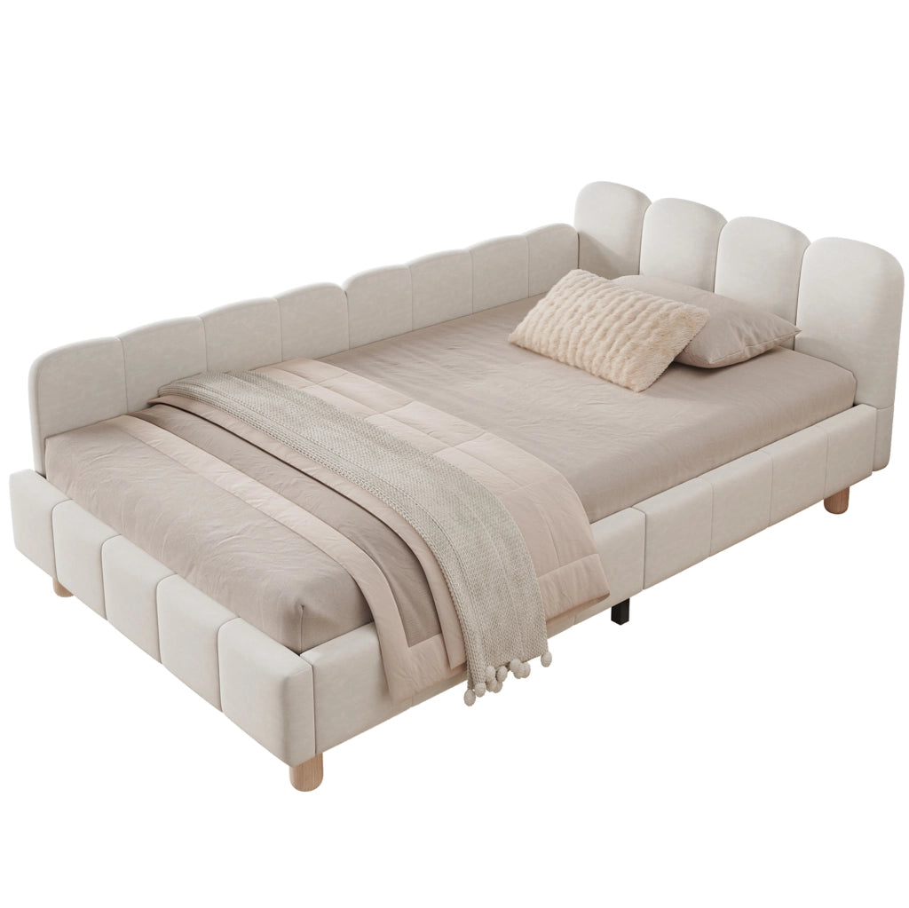 Letto per bambini in velluto beige con testiera ergonomica; tasche laterali e rete a doghe