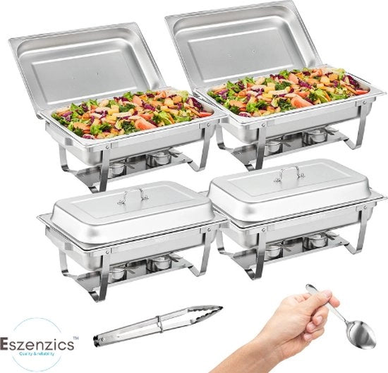 Piatto Chafing - Buffet warmer in acciaio inossidabile - Set da 2 pezzi - 7,5 litri - Riscaldatore - Conserva calore - Bagnomaria - Incluso 2 piccoli contenitori, cucchiaio e clip.