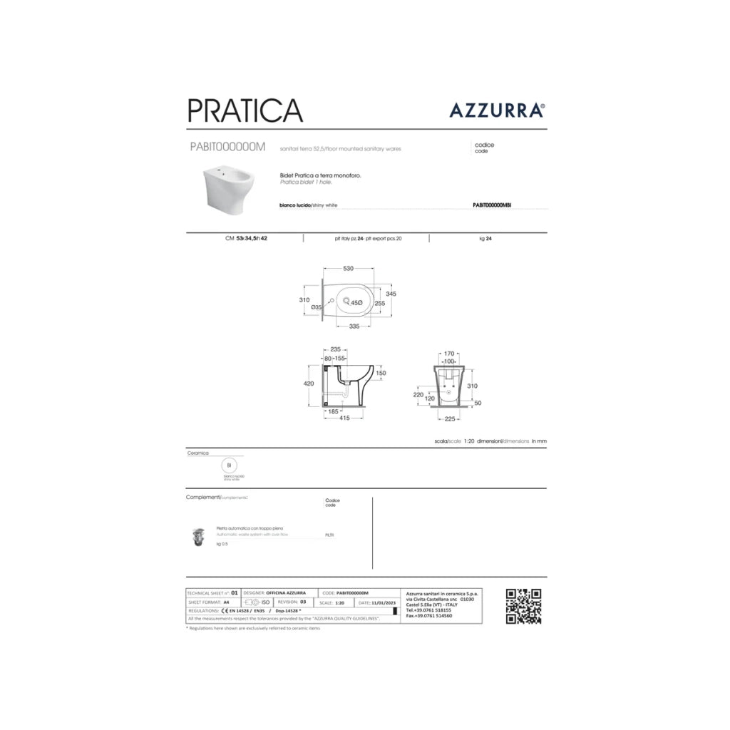 Coppia Di Sanitari Azzurra Ceramica Da Terra Filo Muro Senza Brida Bianco Lucido "Pratica"