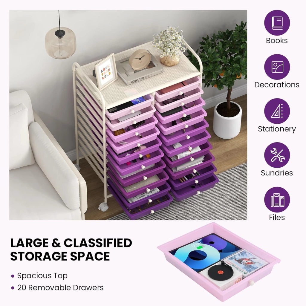 Carrello con 20 cassetti, impilabile, carrello per cassetti, da cucina, con ruote bloccabili, carrello per cucina, bagno, ufficio, 64 x 39 x 88 cm (viola)