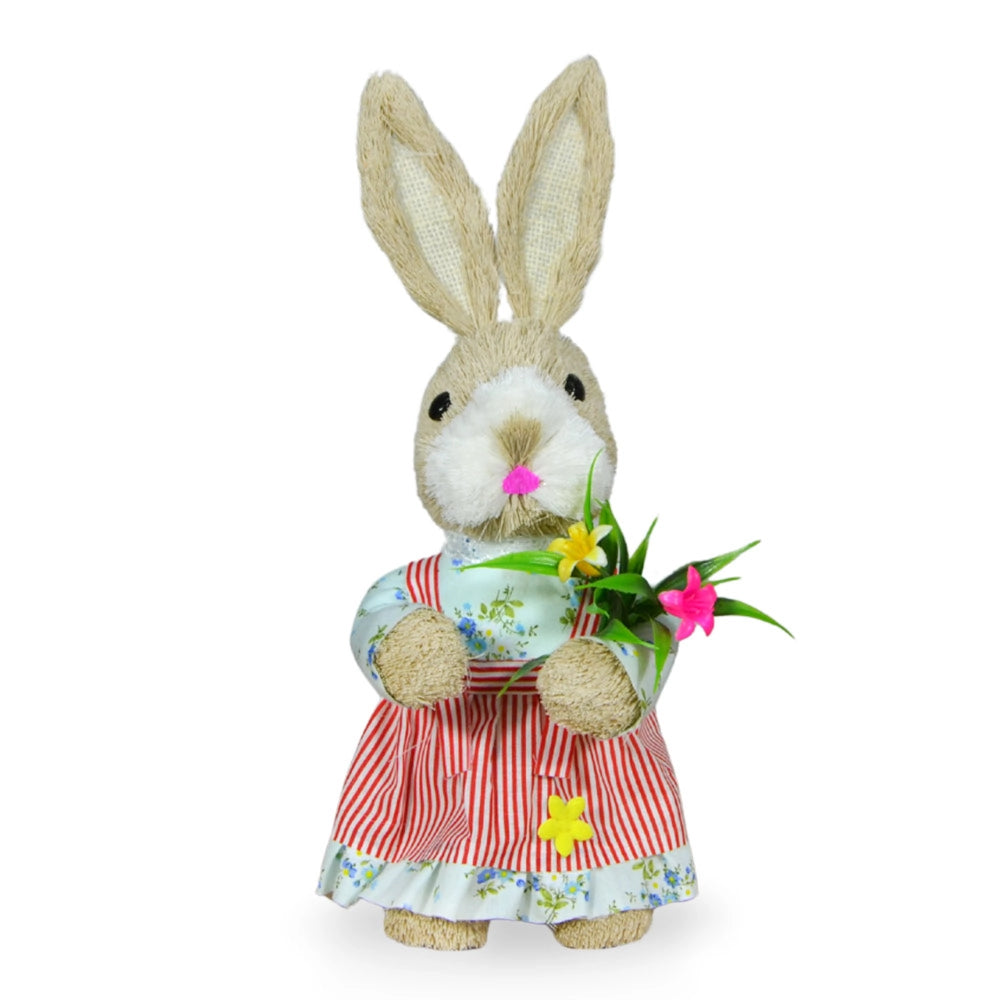Coppia coniglietti di campagna decorativi con salopette e vestitino h 35 cm