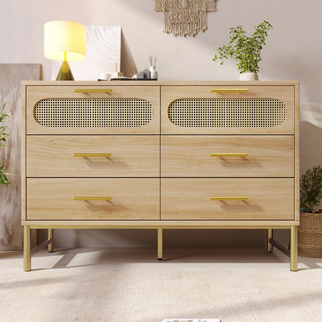 Cassettiera con 6 Cassetti; Frontali Effetto Rattan; Maniglie in Metallo; Piedini Regolabili; Stile Naturale; 120??40??74 cm; Rovere