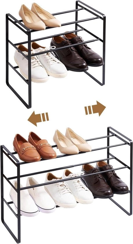 Scaffale per Scarpe a 3 Livelli Estendibile in Acciaio Nero, 41-70 x 25 x 46cm