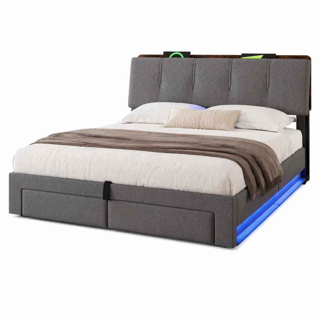 Letto imbottito 140x200 cm in lino grigio con contenitore idraulico; USB-C e LED