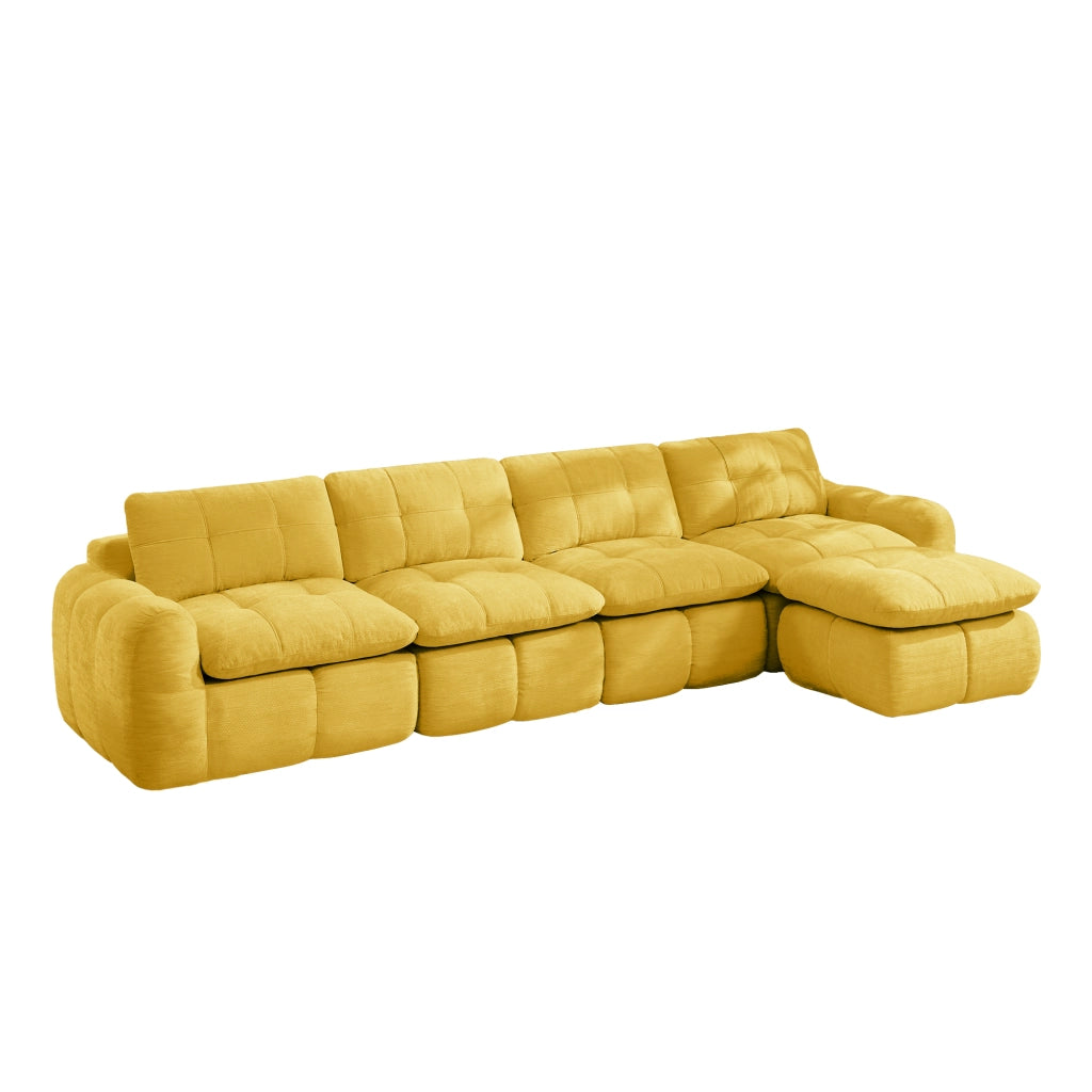 Divano modulare angolare 4 posti con pouf e seduta profonda in chenille giallo 334×160×68 cm