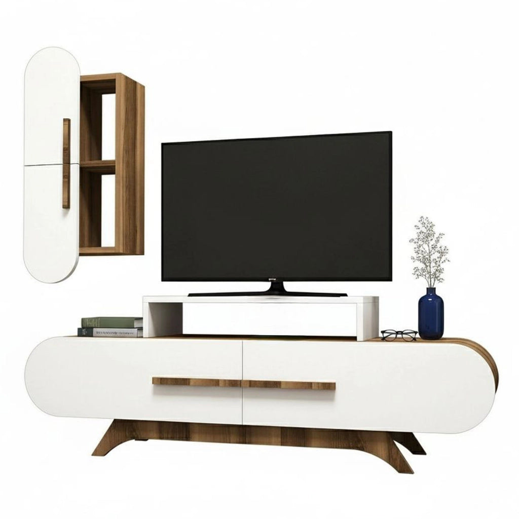 Parete attrezzata Ifigenia, Composizione soggiorno, Mobile salotto multiuso, Armadio porta TV, 145x37h50 cm, Noce e Bianco