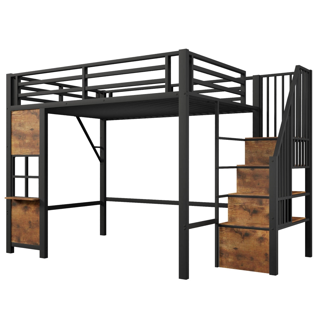 Letto a soppalco 140x200 cm in metallo e MDF nero con scala contenitore