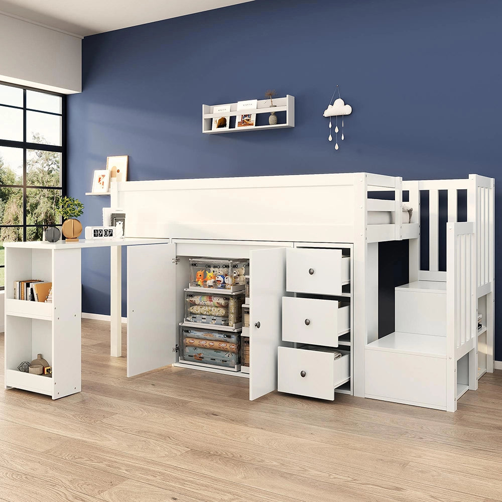 Letto a castello 90x200cm - Xylo - bianco, scrivania estraibile, armadio