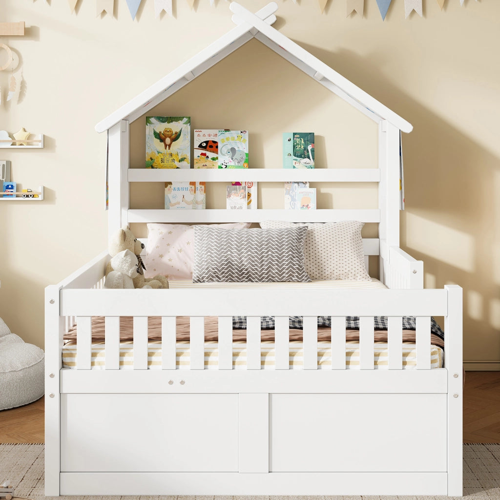 Letto a casetta 140 x 200 cm con letto estraibile; 3 cassetti e sponde di sicurezza; bianco