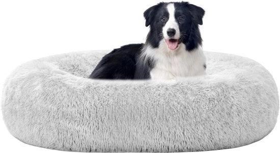 Cuscino per cani in forma di donut con cuscino gommato, lavabile, diametro 90 cm, colore grigio chiaro.