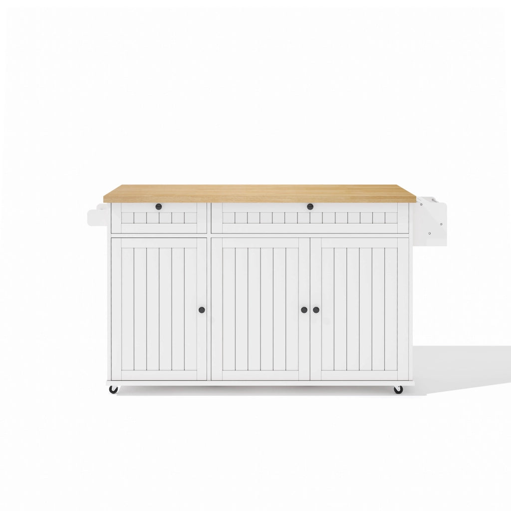 Isola da Cucina Mobile 137x45/70x89,5 cm Bianca e Legno con Piano Ribaltabile, 2 Cassetti e 6 Ruote