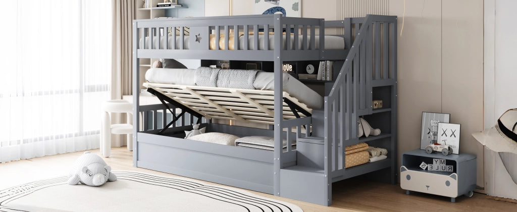 DESMIU Letto a castello 90 × 200 cm 2 posti con contenitore idraulico, ripiani e scala, senza materasso, grigio